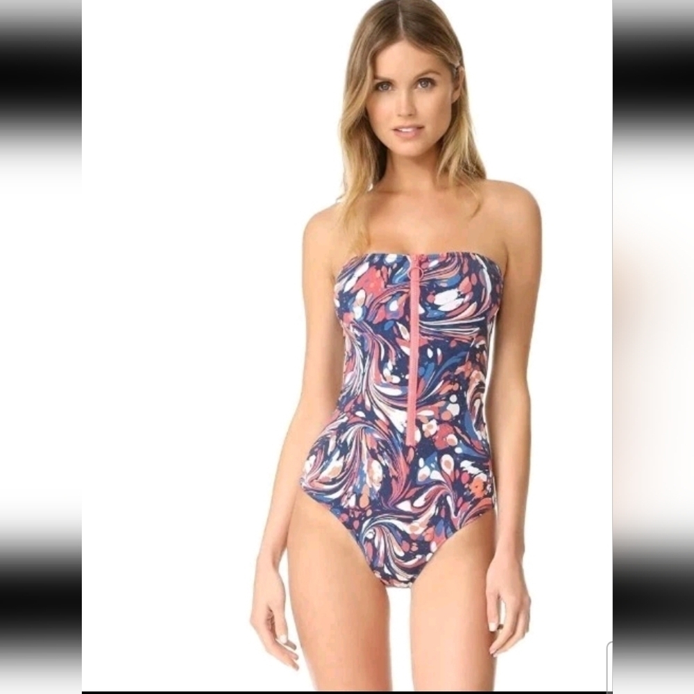 Stella McCartney Womens Marble Print Zip-Front Bandeau One-Piece Swimsuit S